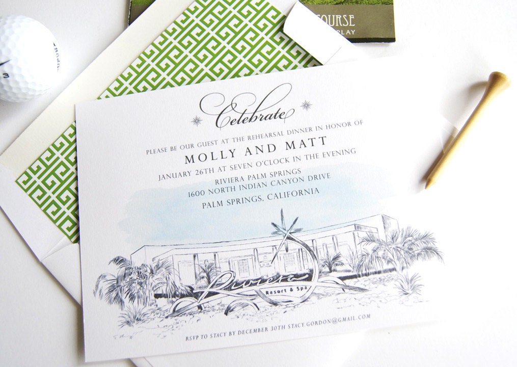 Riviera Hotel Palm Springs Destination Wedding Rehearsal Dinner Invitations (set of 25 cards)