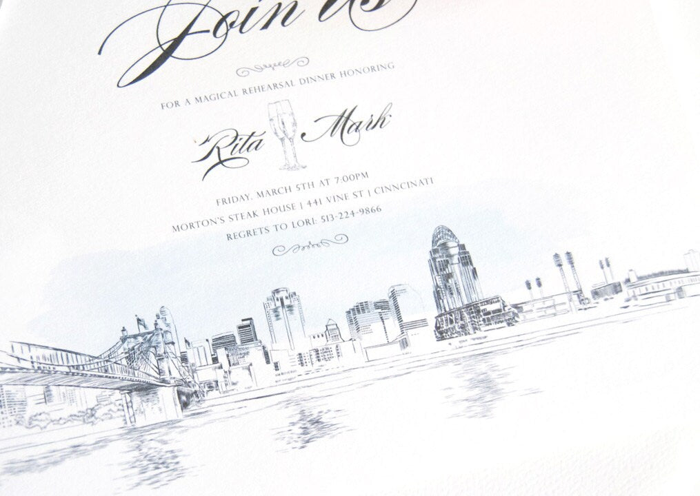 Cincinnati Skyline with Stadium and Bridge Rehearsal Dinner Invitations (set of 25 cards)