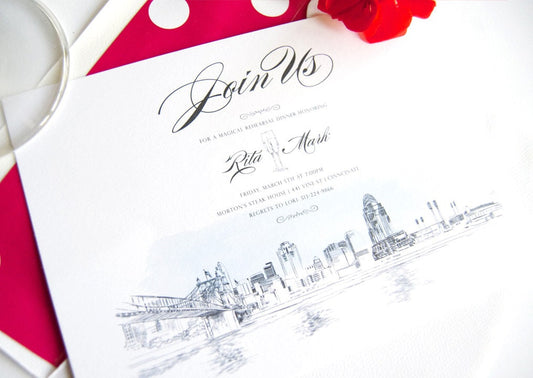 Cincinnati Skyline with Stadium and Bridge Rehearsal Dinner Invitations (set of 25 cards)