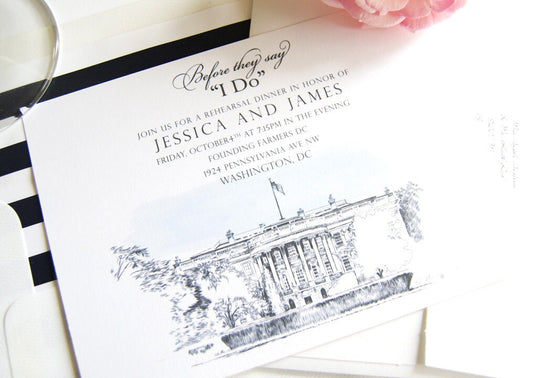 The White House, Washington DC Skyline Rehearsal Dinner Invitations (set of 25 cards)