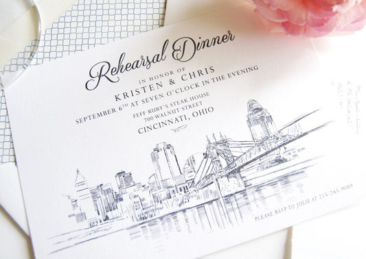 Cincinnati Skyline Rehearsal Dinner Invitations (set of 25 cards)