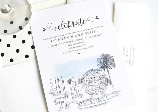 Universal Studios Skyline Hand Drawn Rehearsal Dinner Invitations (set of 25 cards)