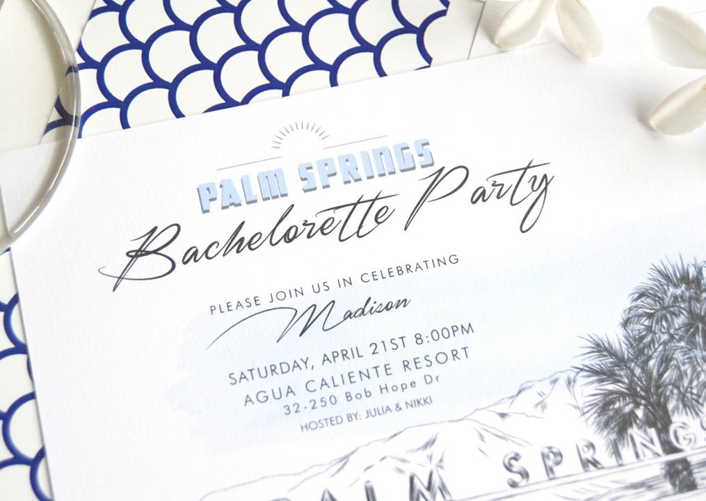 Palm Springs Sign Skyline Hand Drawn Bachelorette Party Invitations (set of 25 cards)