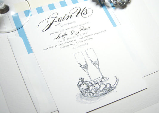 Fairytale Wedding, Disney, Tiara and Champagne Glasses Rehearsal Dinner Invitations (set of 25 cards)