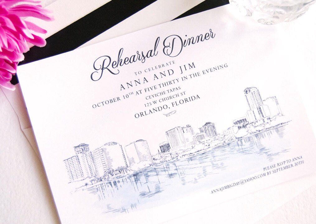 Orlando Skyline Rehearsal Dinner Invitation, Hand Drawn (set of 25 cards)