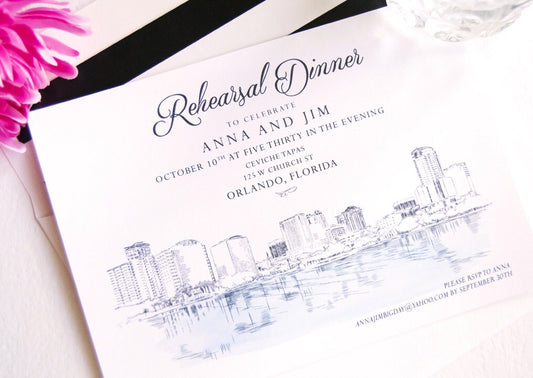 Orlando Skyline Rehearsal Dinner Invitation, Hand Drawn (set of 25 cards)