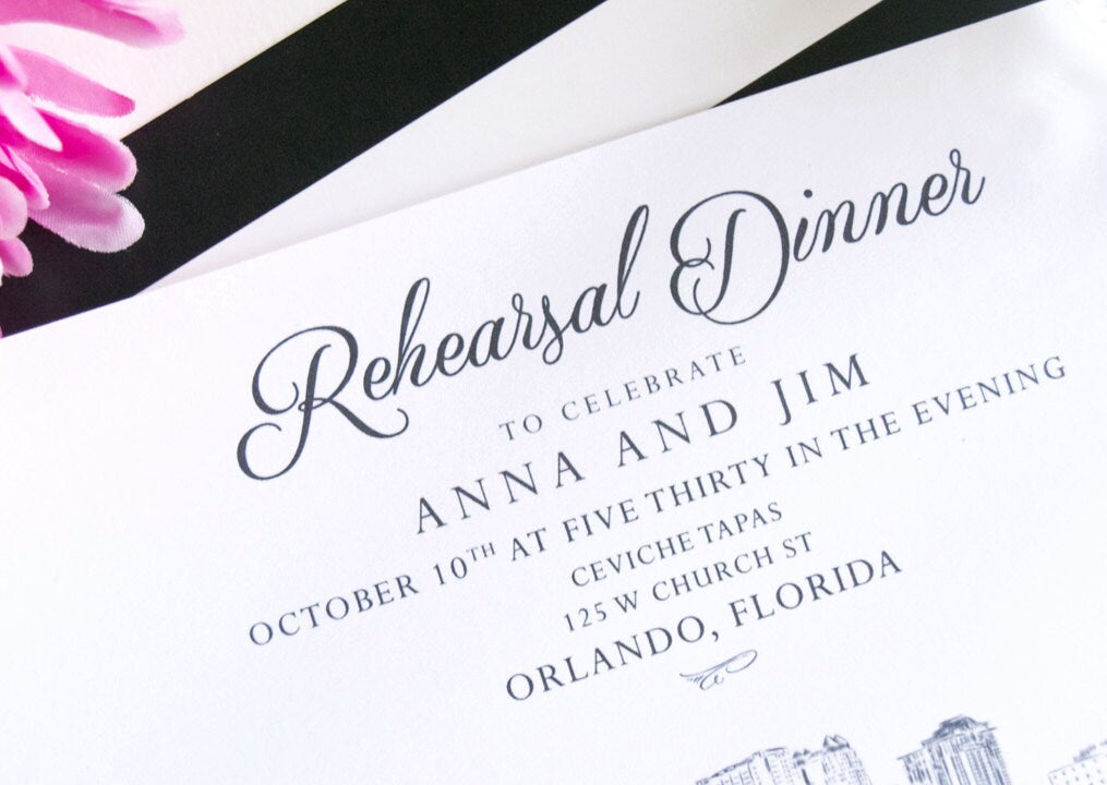 Orlando Skyline Rehearsal Dinner Invitation, Hand Drawn (set of 25 cards)