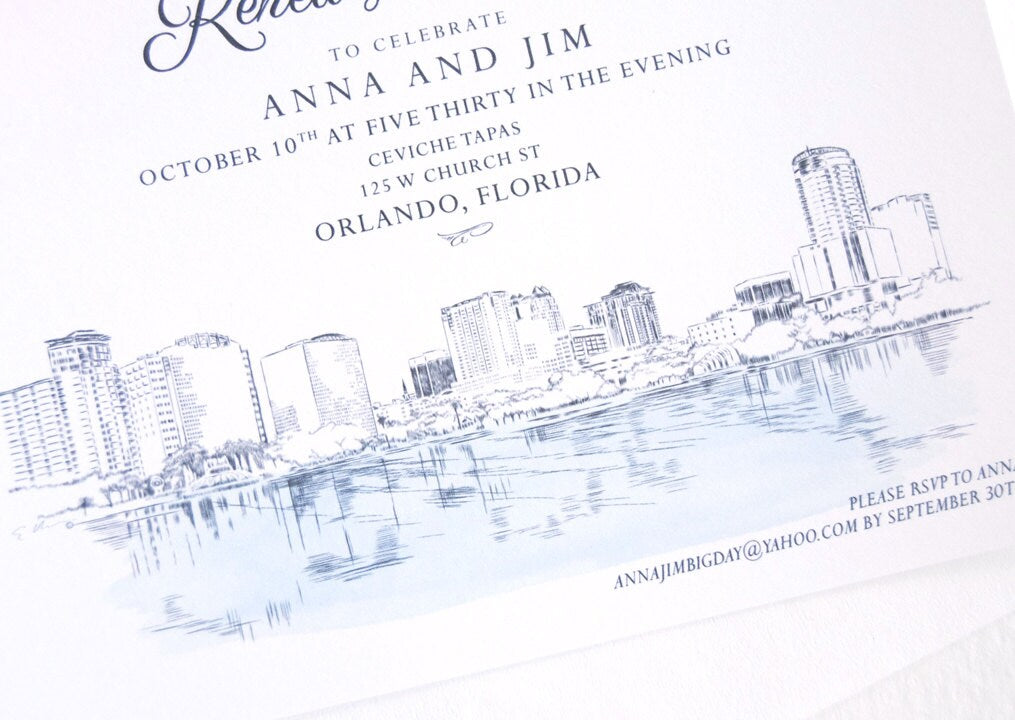 Orlando Skyline Rehearsal Dinner Invitation, Hand Drawn (set of 25 cards)