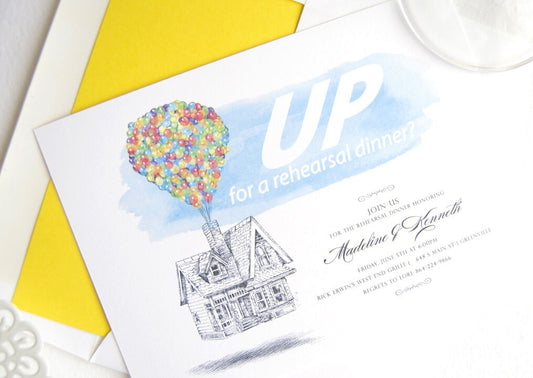 Disney UP Inspired Theme Wedding Rehearsal Dinner Invitation Cards, Hand Drawn, Fairytale Wedding, Disney (set of 25 cards)