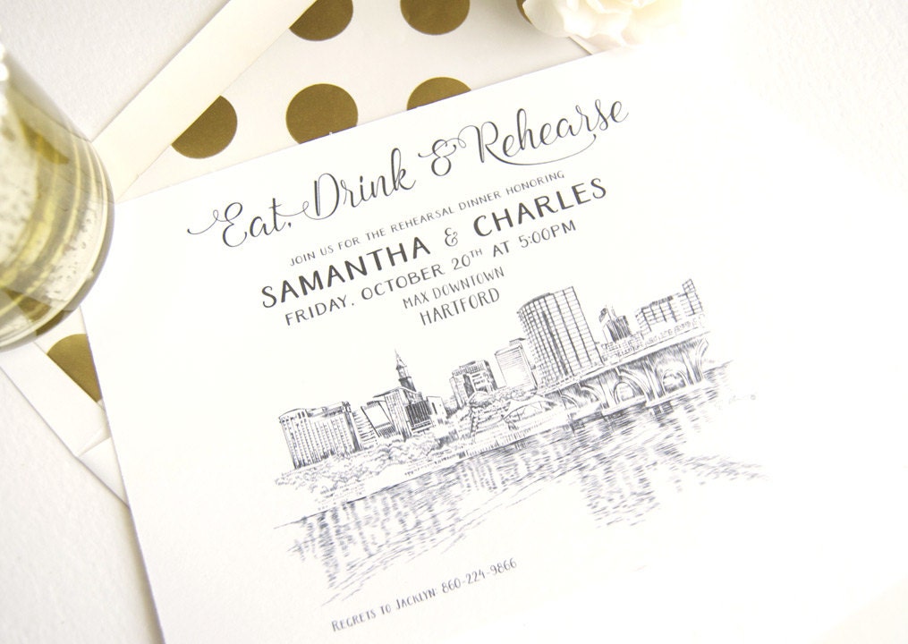 Hartford, Conneticut Skyline Weddings Rehearsal Dinner Invitations (set of 25 cards)