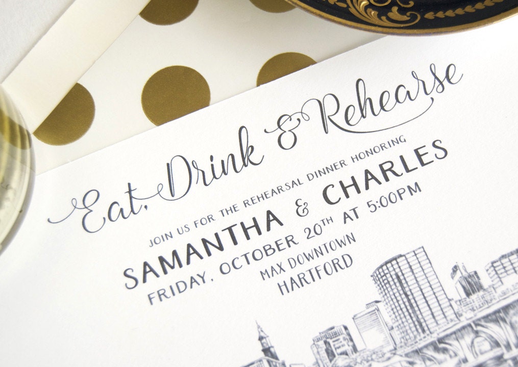 Hartford, Conneticut Skyline Weddings Rehearsal Dinner Invitations (set of 25 cards)