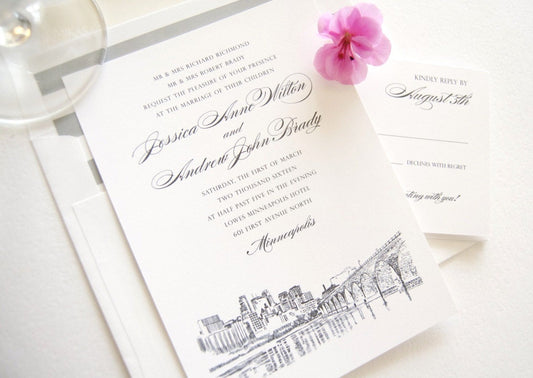 Minneapolis Skyline Wedding Invitation, Minneapolis Wedding, Invite (Sold in Sets of 10 Invitations, RSVP Cards + Envelopes)