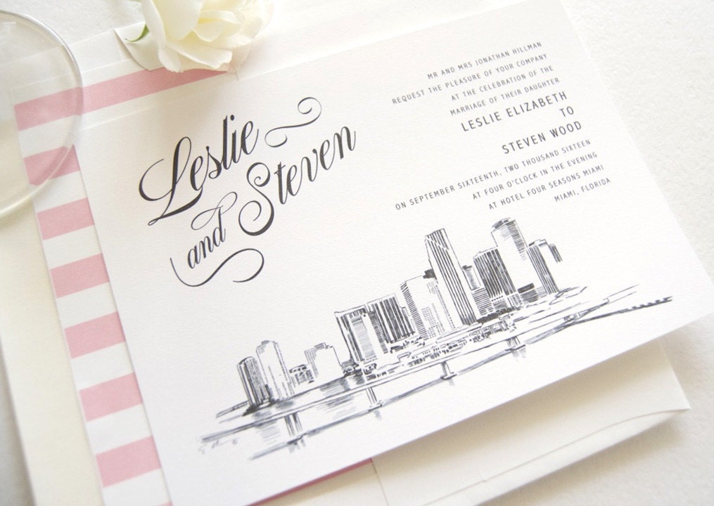 Miami Skyline Wedding Invitations Package (Sold in Sets of 10 Invitations, RSVP Cards + Envelopes)