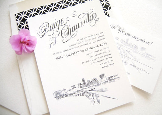 Austin, Texas Skyline Wedding Invitations Package (Sold in Sets of 10 Invitations, RSVP Cards + Envelopes)