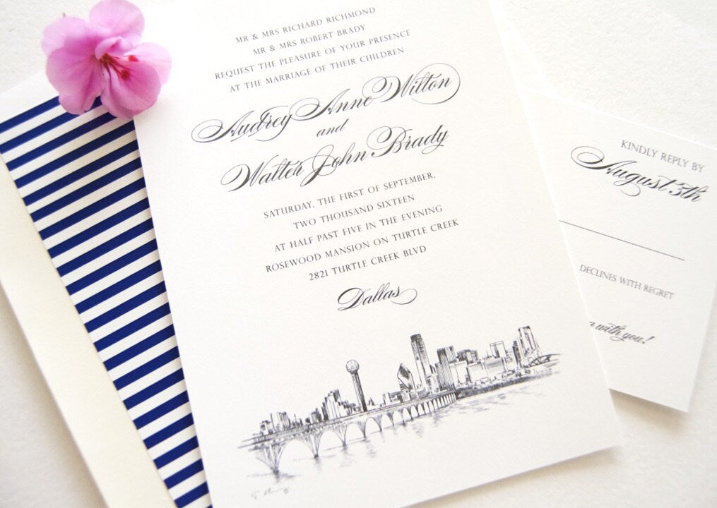 Dallas Skyline Hand Drawn Wedding Invitation Package (Sold in Sets of 10 Invitations, RSVP Cards + Envelopes)