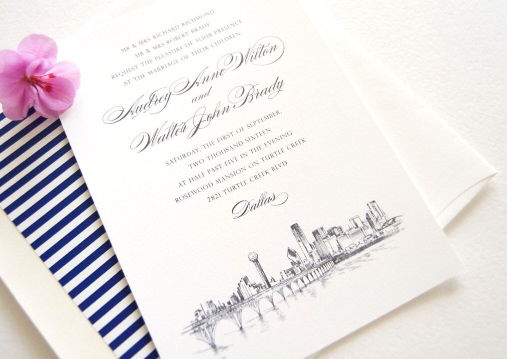 Dallas Skyline Hand Drawn Wedding Invitation Package (Sold in Sets of 10 Invitations, RSVP Cards + Envelopes)