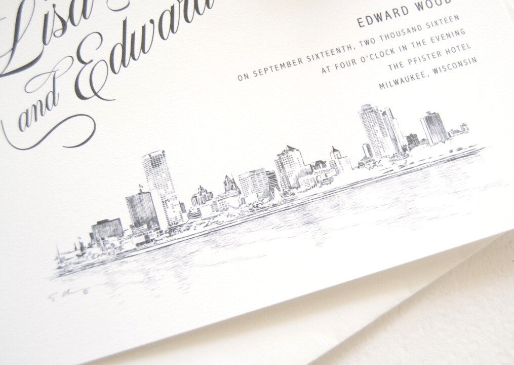 Milwaukee Skyline Wedding Invitation, Milwaukee Wedding, Invite, Invitations (Sold in Sets of 10 Invitations, RSVP Cards + Envelopes)