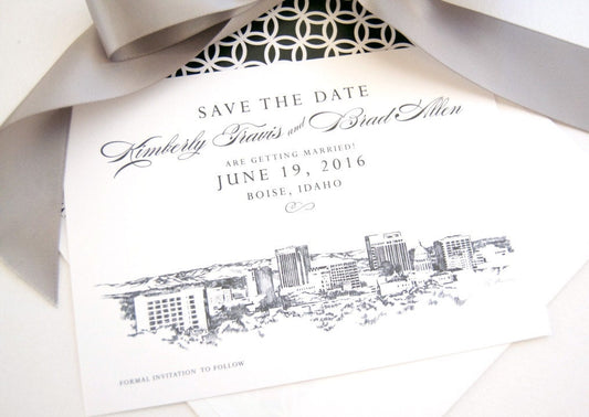 Boise, Idaho Skyline Watercolor & Hand Drawn Save the Date Cards (set of 25 cards)