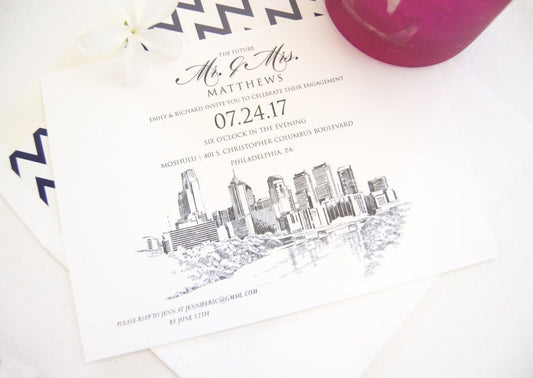 Philadelphia Skyline Engagement Party Invitations, Philadelphia Engagement Announcements You Design it! (set of 25 cards)