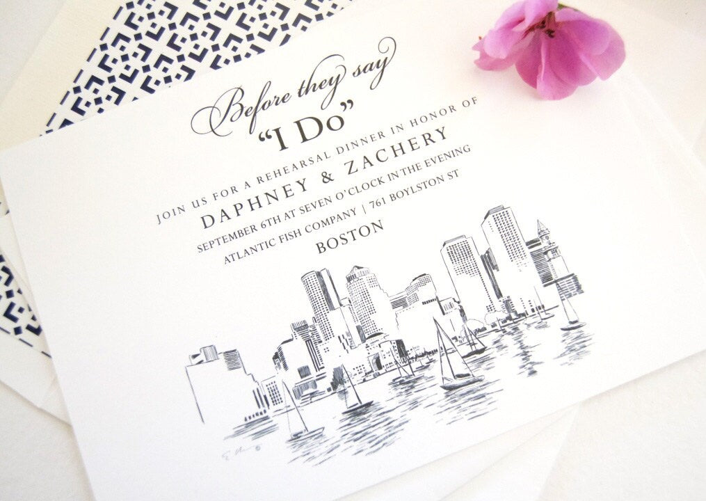 Boston Skyline Rehearsal Dinner Invitations (set of 25 cards)