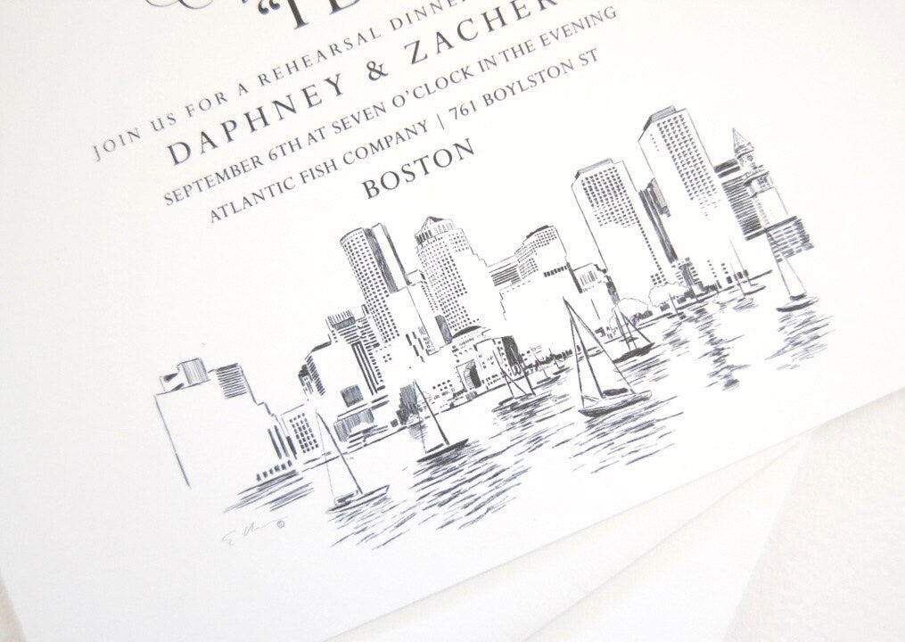 Boston Skyline Rehearsal Dinner Invitations (set of 25 cards)