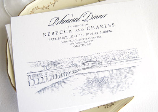 Oldfield Outfitters Center Bridge, Okatie, South Carolina Skyline Rehearsal Dinner Invitations (set of 25 cards)