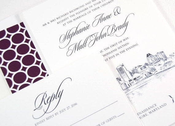 Baltimore Skyline Wedding Invitation, Baltimore Wedding, Invite (Sold in Sets of 10 Invitations, RSVP Cards + Envelopes)