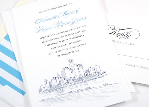 Detroit Skyline Wedding Invitations Package (Sold in Sets of 10 Invitations, RSVP Cards + Envelopes)