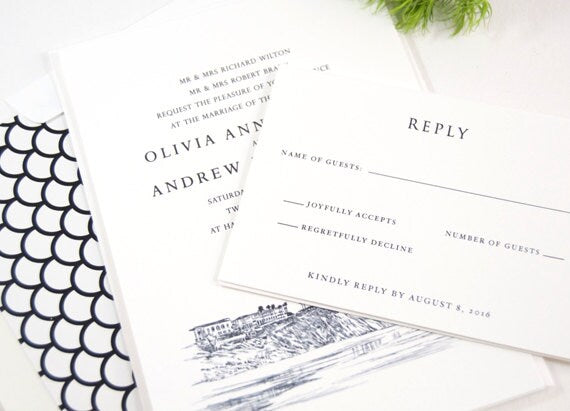 Laguna Beach Skyline Hand Drawn Wedding Invitations Package (Sold in Sets of 10 Invitations, RSVP Cards + Envelopes)