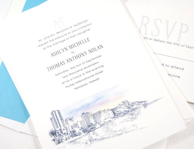 Hawaii Skyline Destination Wedding Invitations Package (Sold in Sets of 10 Invitations, RSVP Cards + Envelopes)