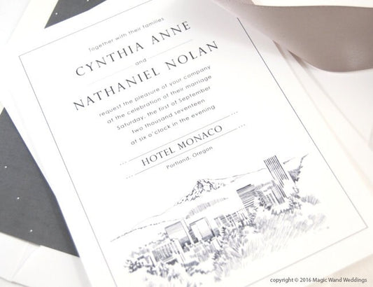 Portland Skyline Wedding Invitation, Oregon Wedding, Invite (Sold in Sets of 10 Invitations, RSVP Cards + Envelopes)