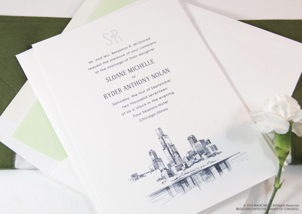 Chicago Skyline Wedding Invitations Package (Sold in Sets of 10 Invitations, RSVP Cards + Envelopes)