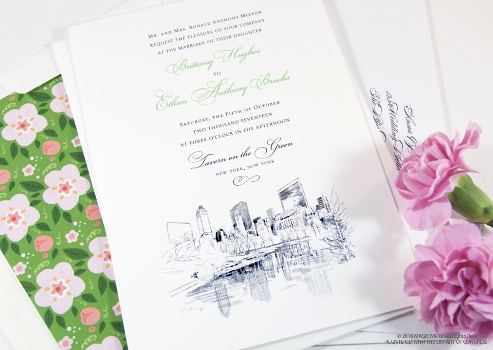 New York Central Park Wedding Invitation, New York Wedding, NY Wedding, NYC, Hand Drawn (Sold in Sets of 10 Invitations)