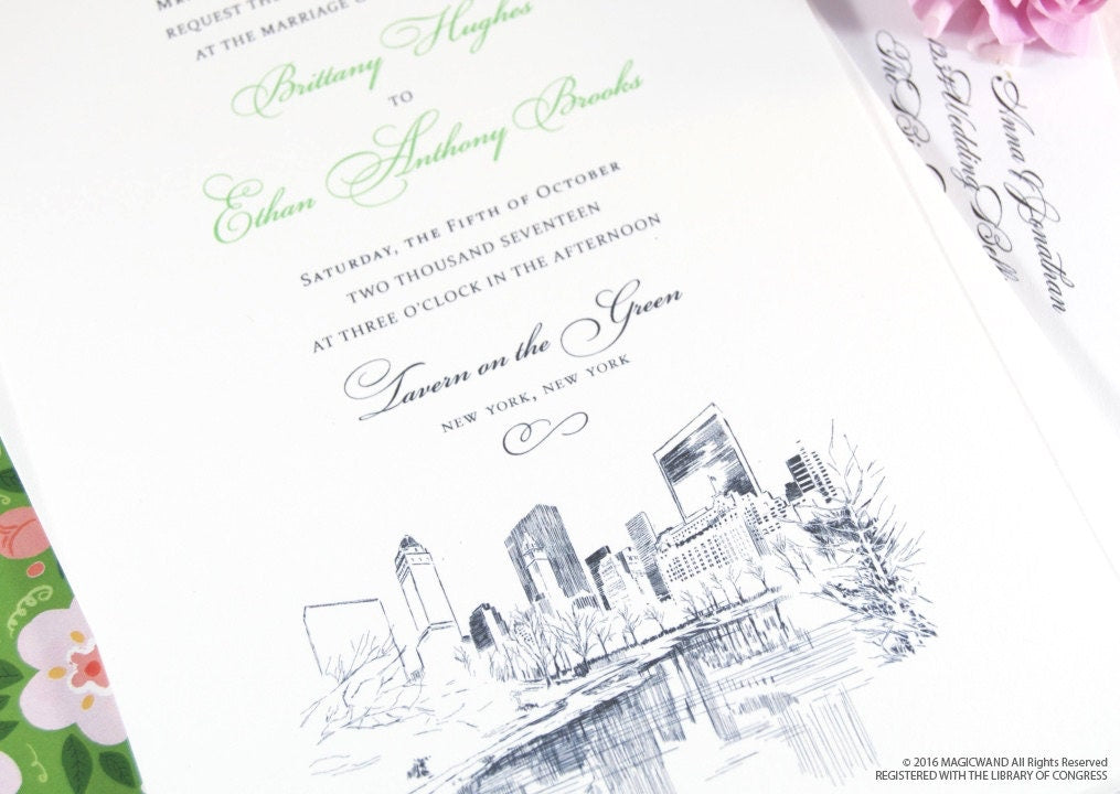 New York Central Park Wedding Invitation, New York Wedding, NY Wedding, NYC, Hand Drawn (Sold in Sets of 10 Invitations)