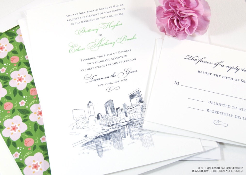 New York Central Park Wedding Invitation, New York Wedding, NY Wedding, NYC, Hand Drawn (Sold in Sets of 10 Invitations)