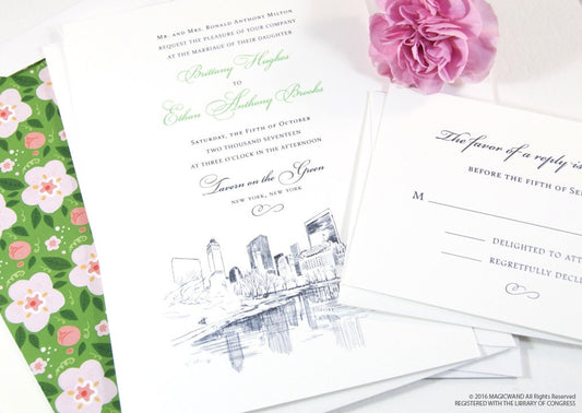 New York Central Park Wedding Invitation, New York Wedding, NY Wedding, NYC, Hand Drawn (Sold in Sets of 10 Invitations)