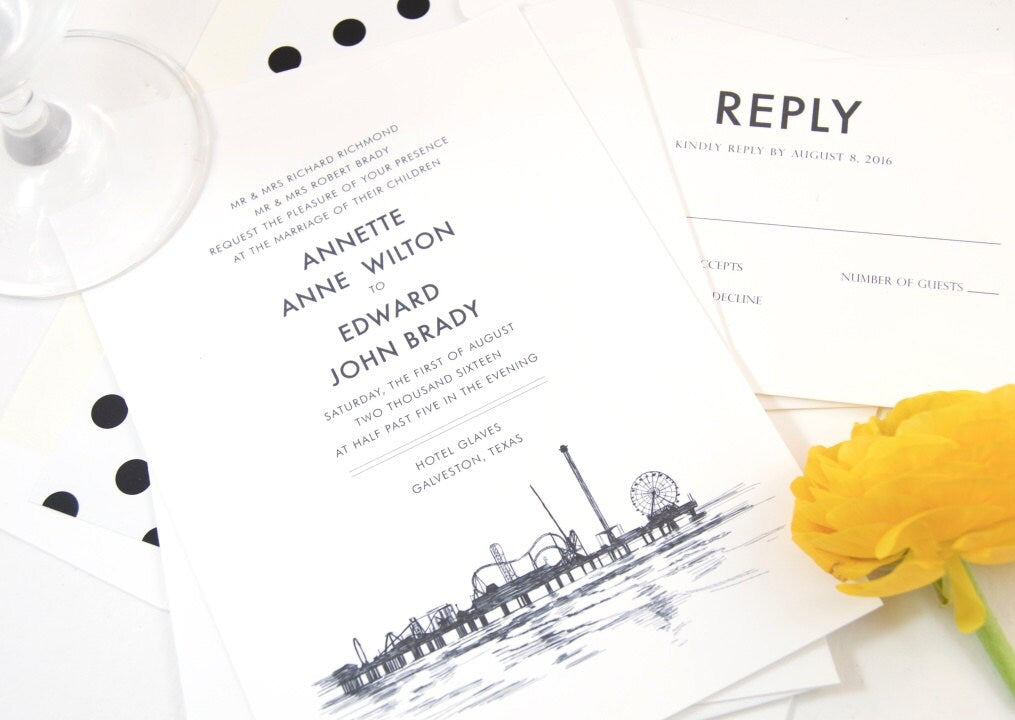 Galveston, Texas Skyline Wedding Invitations Package (Sold in Sets of 10 Invitations, RSVP Cards + Envelopes)