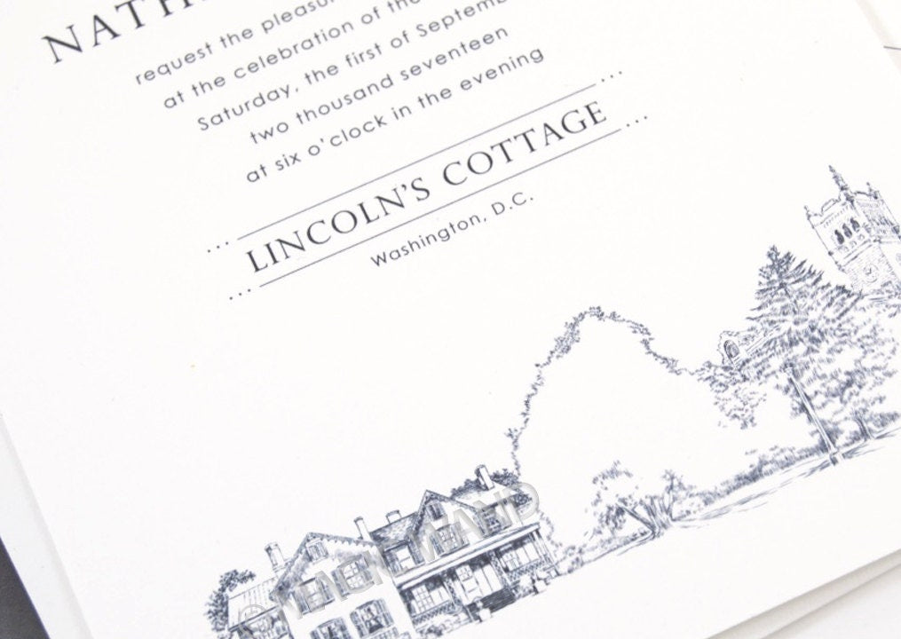 Lincoln's Cottage, Washington D.C. Hand Drawn Wedding Invitations Package (Sold in Sets of 10 Invitations, RSVP Cards + Envelopes)