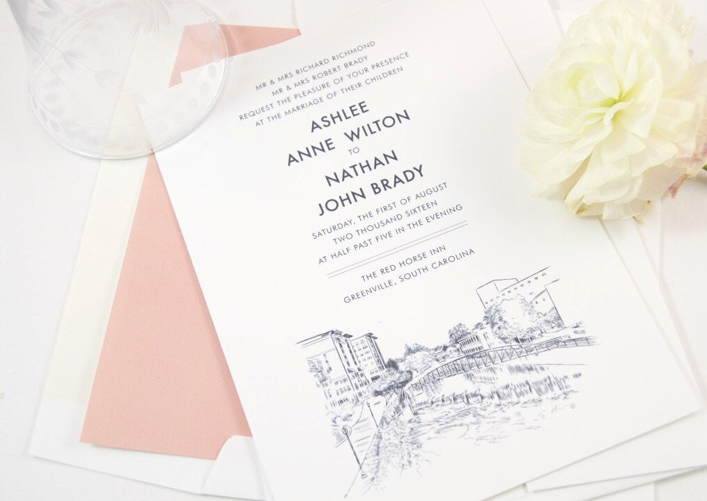 Greenville Skyline Wedding Invitations, Greenville Wedding, South Carolina, Invite (Set of 10 Invitations, RSVP Cards + Envelopes)