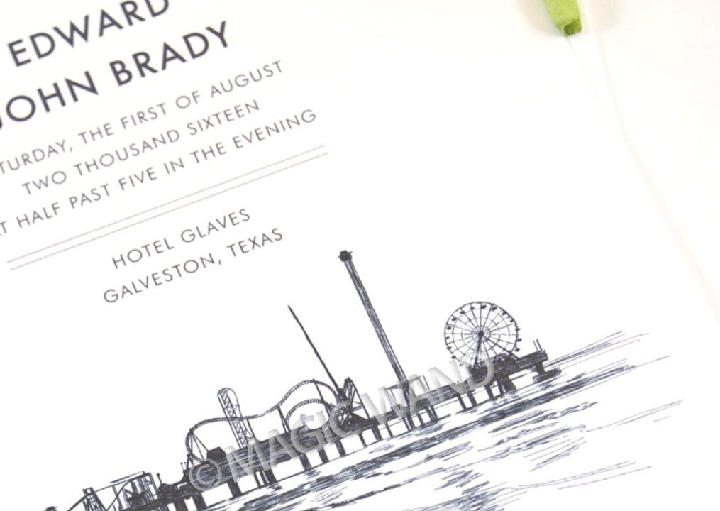 Galveston, Texas Skyline Wedding Invitations Package (Sold in Sets of 10 Invitations, RSVP Cards + Envelopes)