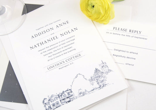 Lincoln's Cottage, Washington D.C. Hand Drawn Wedding Invitations Package (Sold in Sets of 10 Invitations, RSVP Cards + Envelopes)