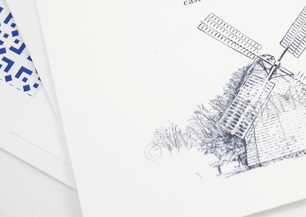 The Hamptons Windmill Hand Drawn Wedding Invitations Package (Sold in Sets of 10 Invitations, RSVP Cards + Envelopes)