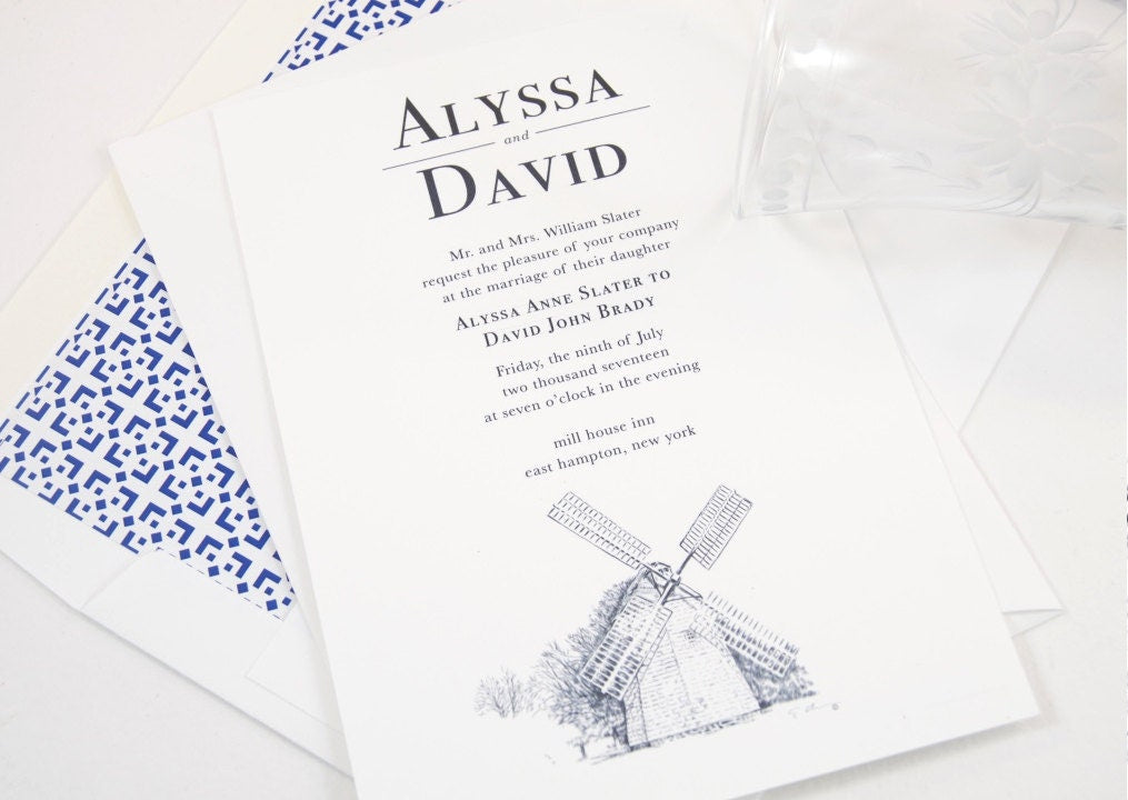 The Hamptons Windmill Hand Drawn Wedding Invitations Package (Sold in Sets of 10 Invitations, RSVP Cards + Envelopes)