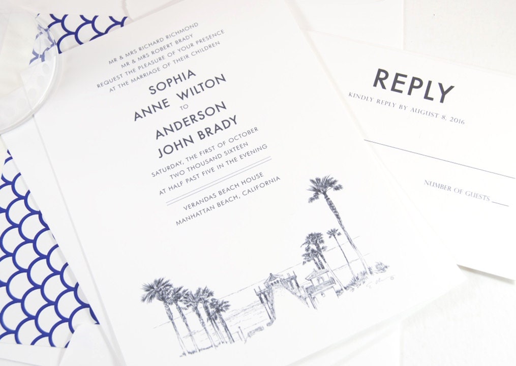 Manhattan Beach Hand Drawn Wedding Invitations Package (Sold in Sets of 10 Invitations, RSVP Cards + Envelopes)