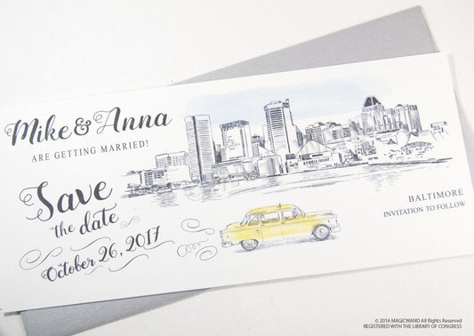 Baltimore Skyline Whimsical Save the Date Cards , Taxi Watercolor, Wedding (set of 25 cards)