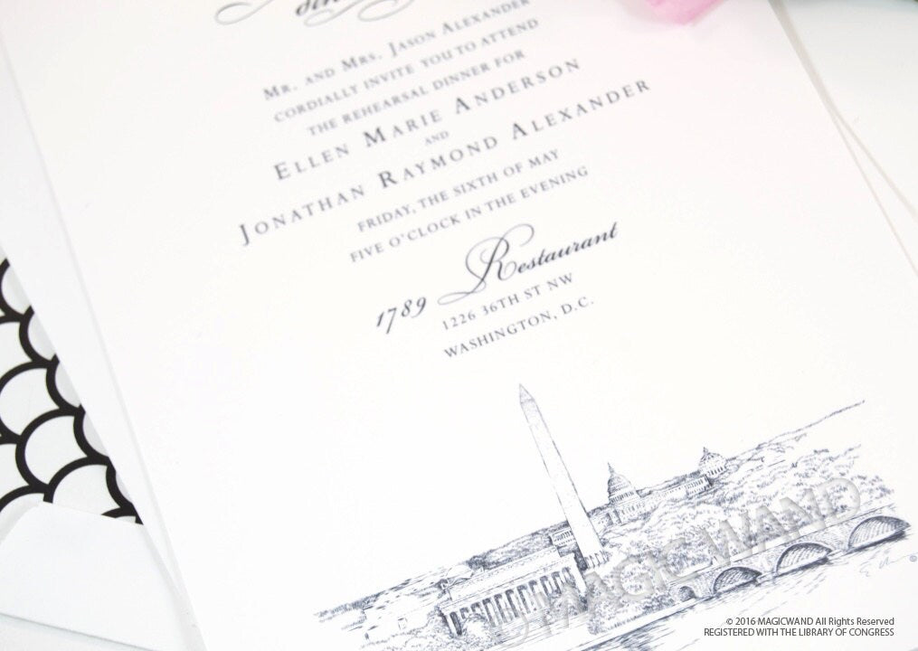 Washington D.C. Memorials Skyline Rehearsal Dinner Invitations (set of 25 cards)