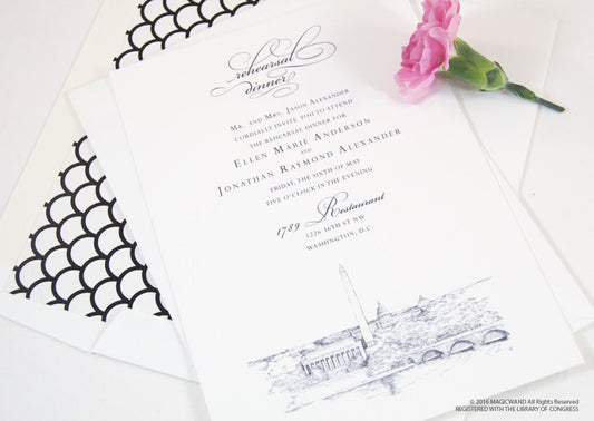 Washington D.C. Memorials Skyline Rehearsal Dinner Invitations (set of 25 cards)